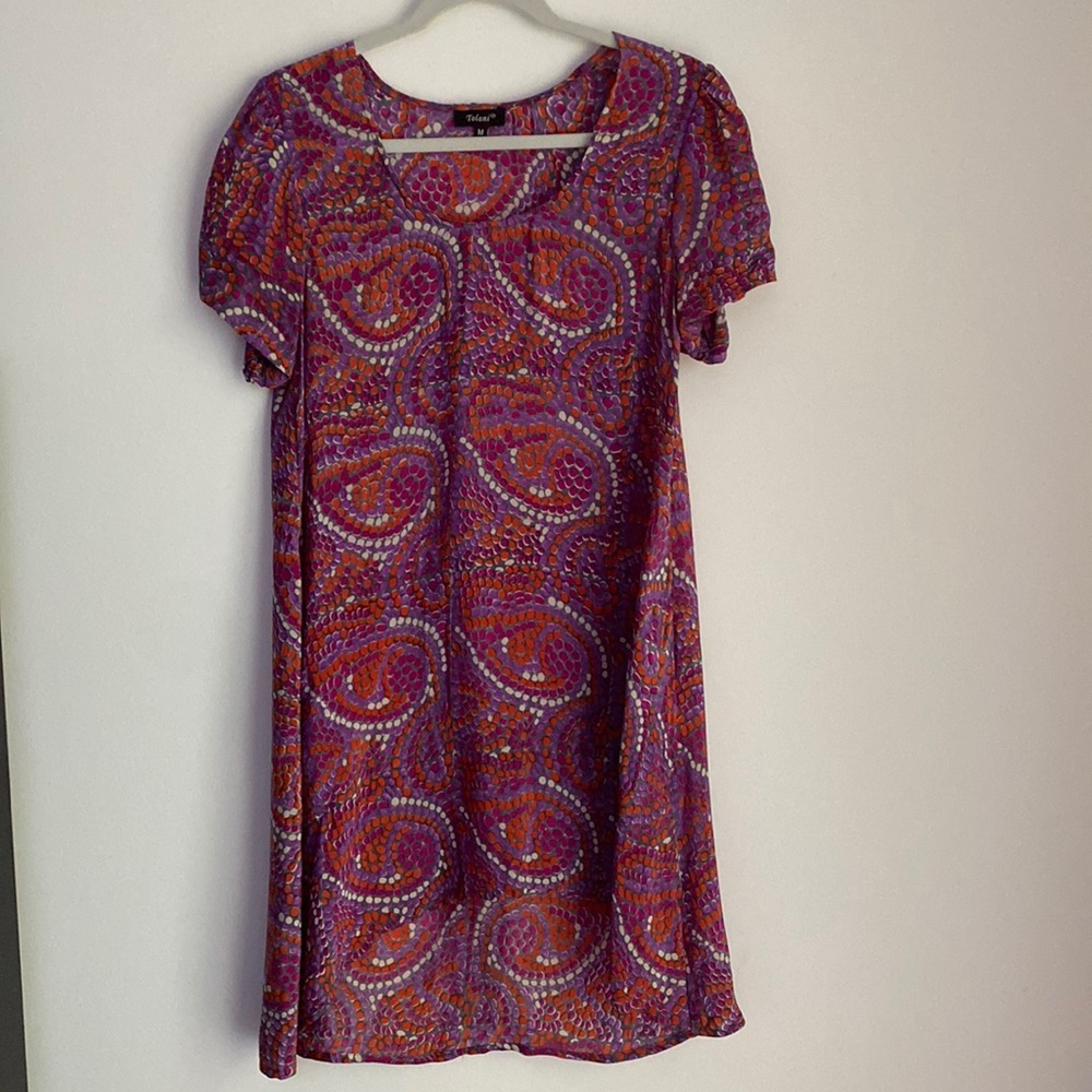 Pattered high-low short sleeve silk dress